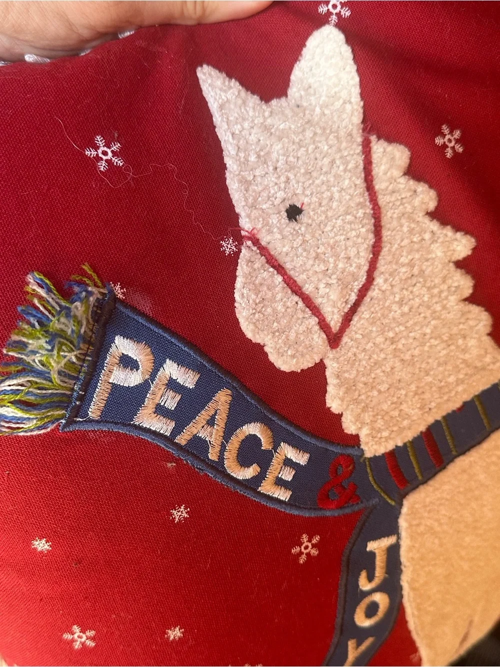 Pier 1 Christmas Pillow Cover Red White Embroidered Applique Llama Fringe 17x17